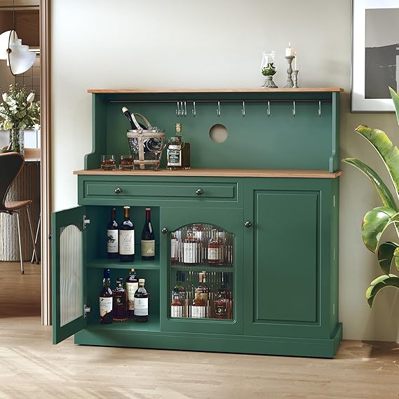 Coffee Bar Cabinet with Storage and Glass Doors