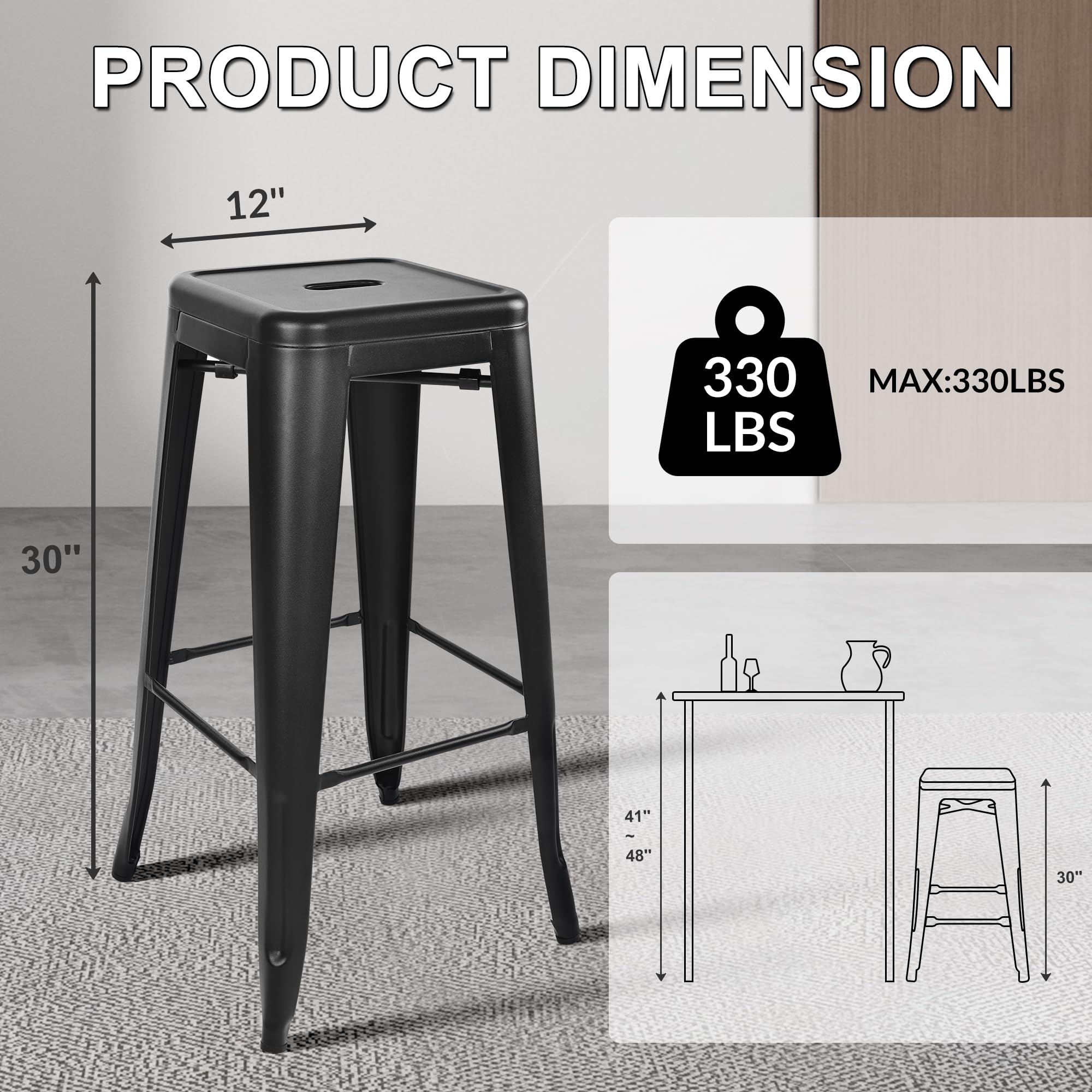 Metal Bar Stools Set of 4 - 30 Inch Backless Stackable