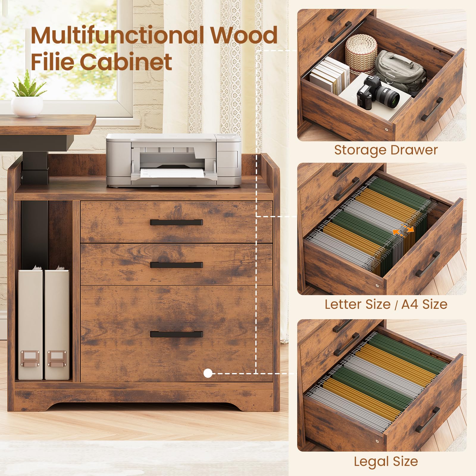 L-Shaped Electric Standing Desk with File Cabinet 63x53