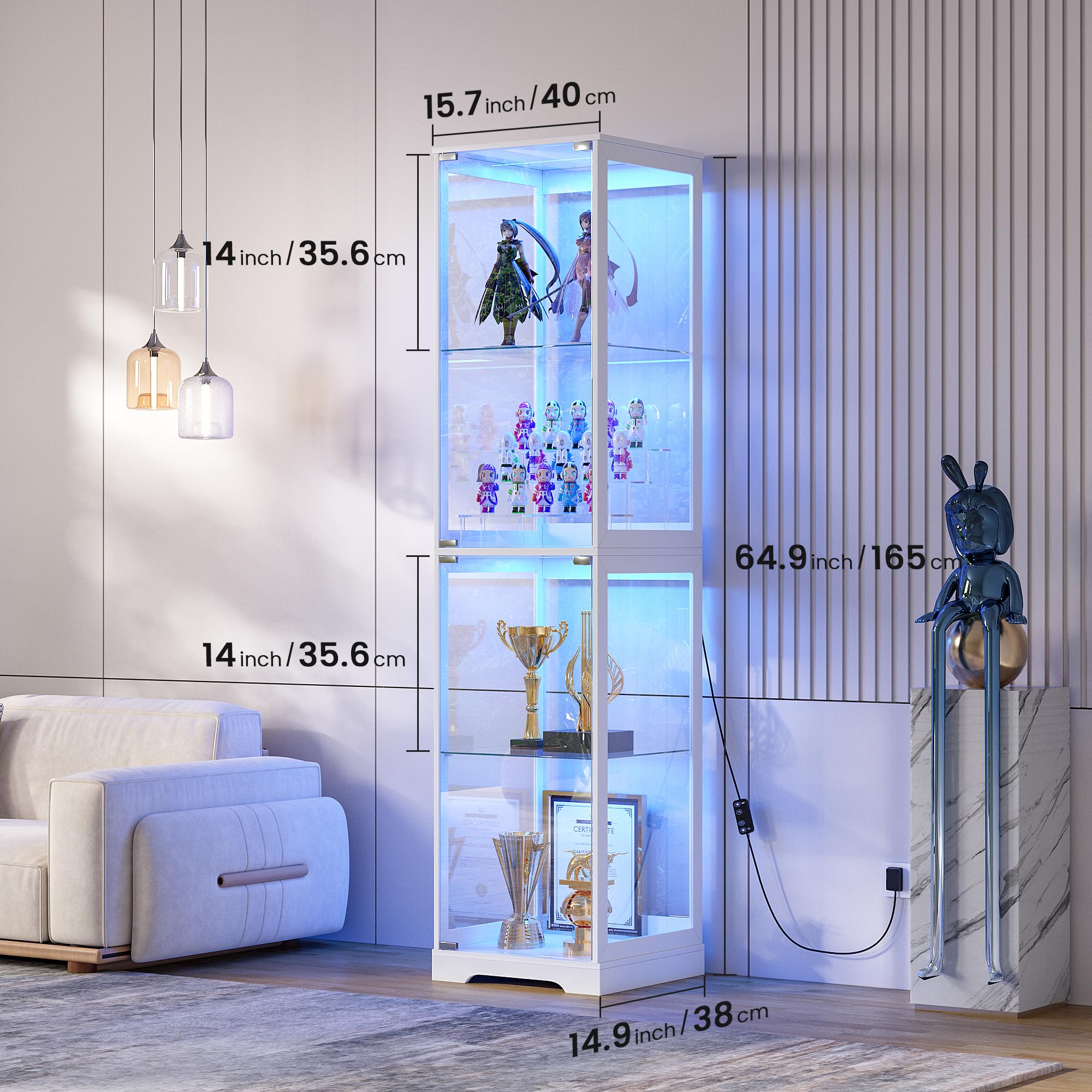 Glass Display Cabinet with Doors 65" Tall 4-Tier Curio Case with LED Lights