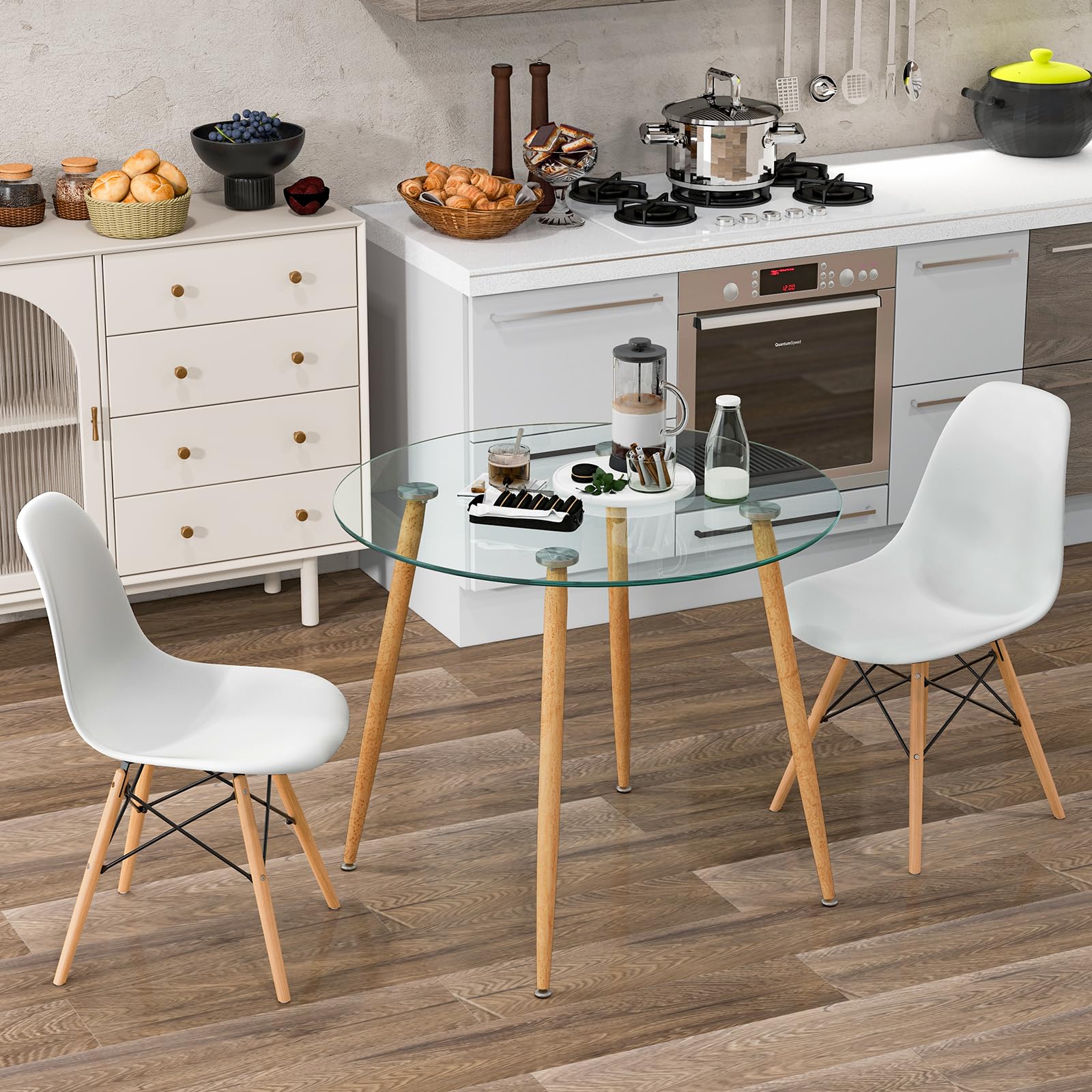 3-Piece Dining Table Set with Round Tempered Glass Table and 2 Chairs