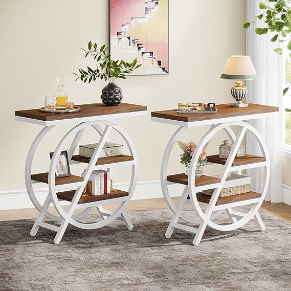 3-Tier Faux Marble End Table Set of 2 with Storage