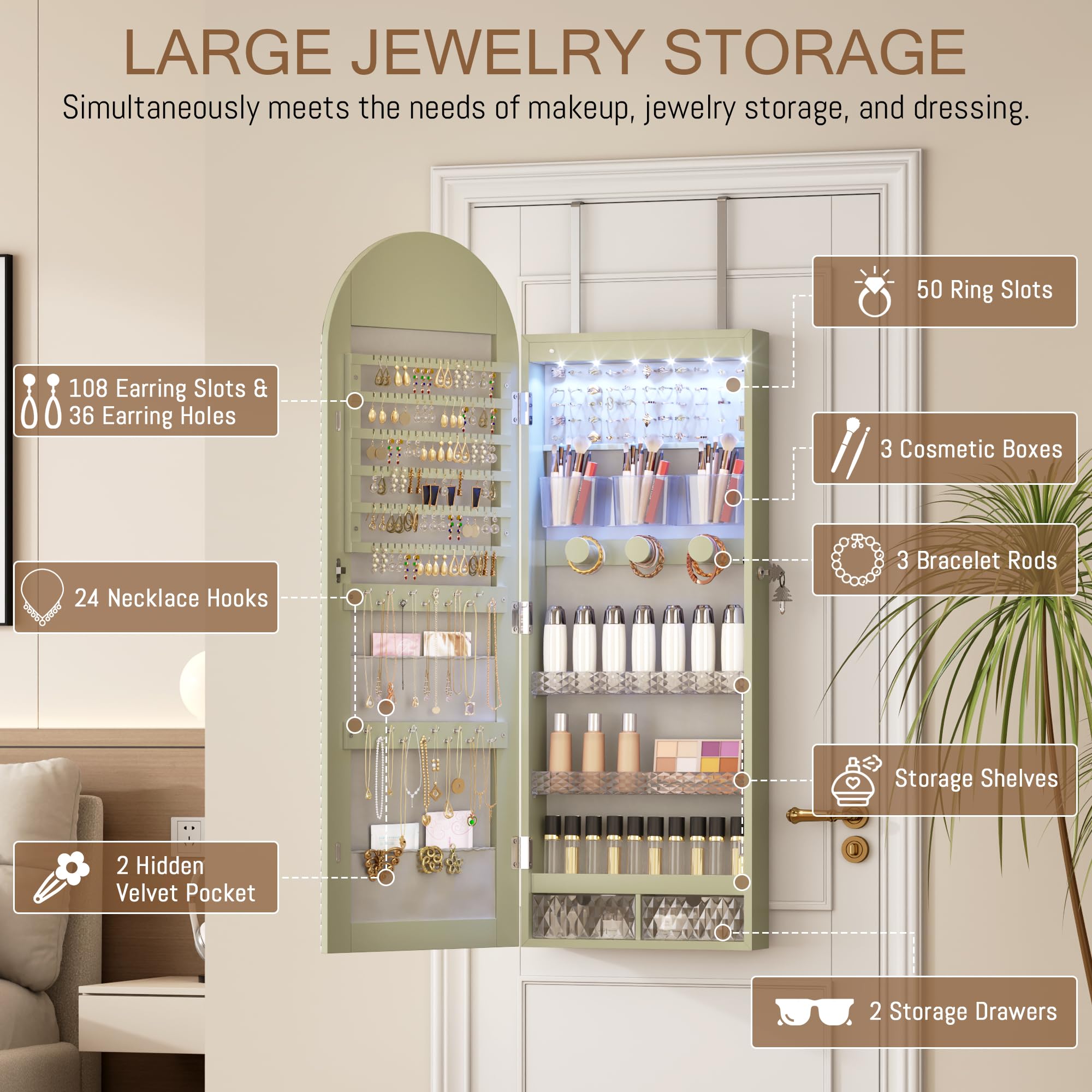 Wall Mounted Jewelry Organizer with LED Mirror