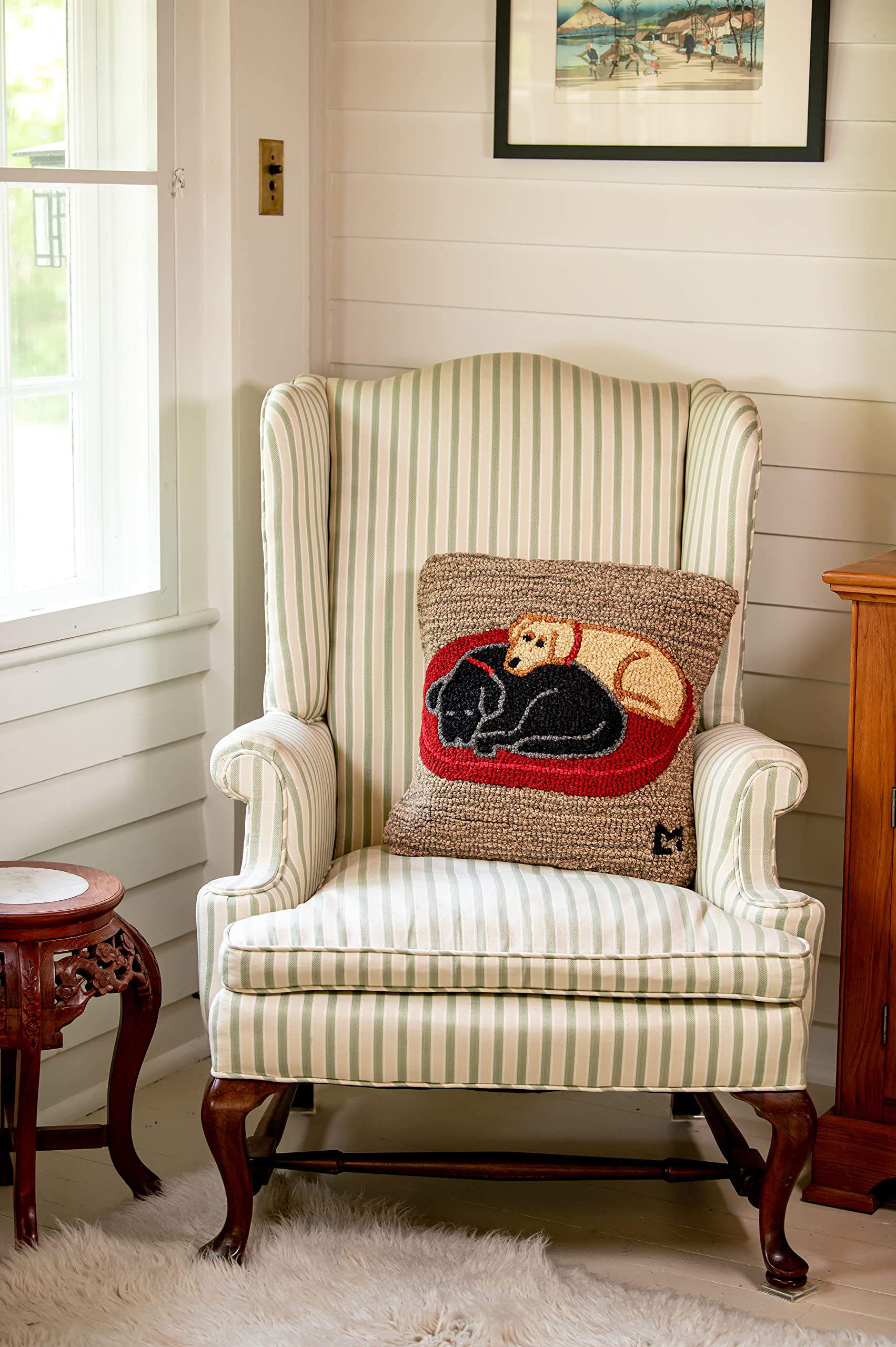 Hand-Hooked Wool Throw Pillow with Sleeping Labs Design
