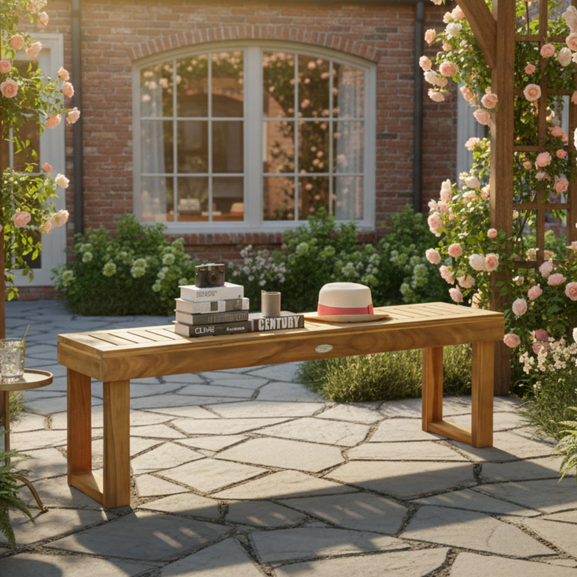 52" Acacia Wood Outdoor Bench with Slatted Seat