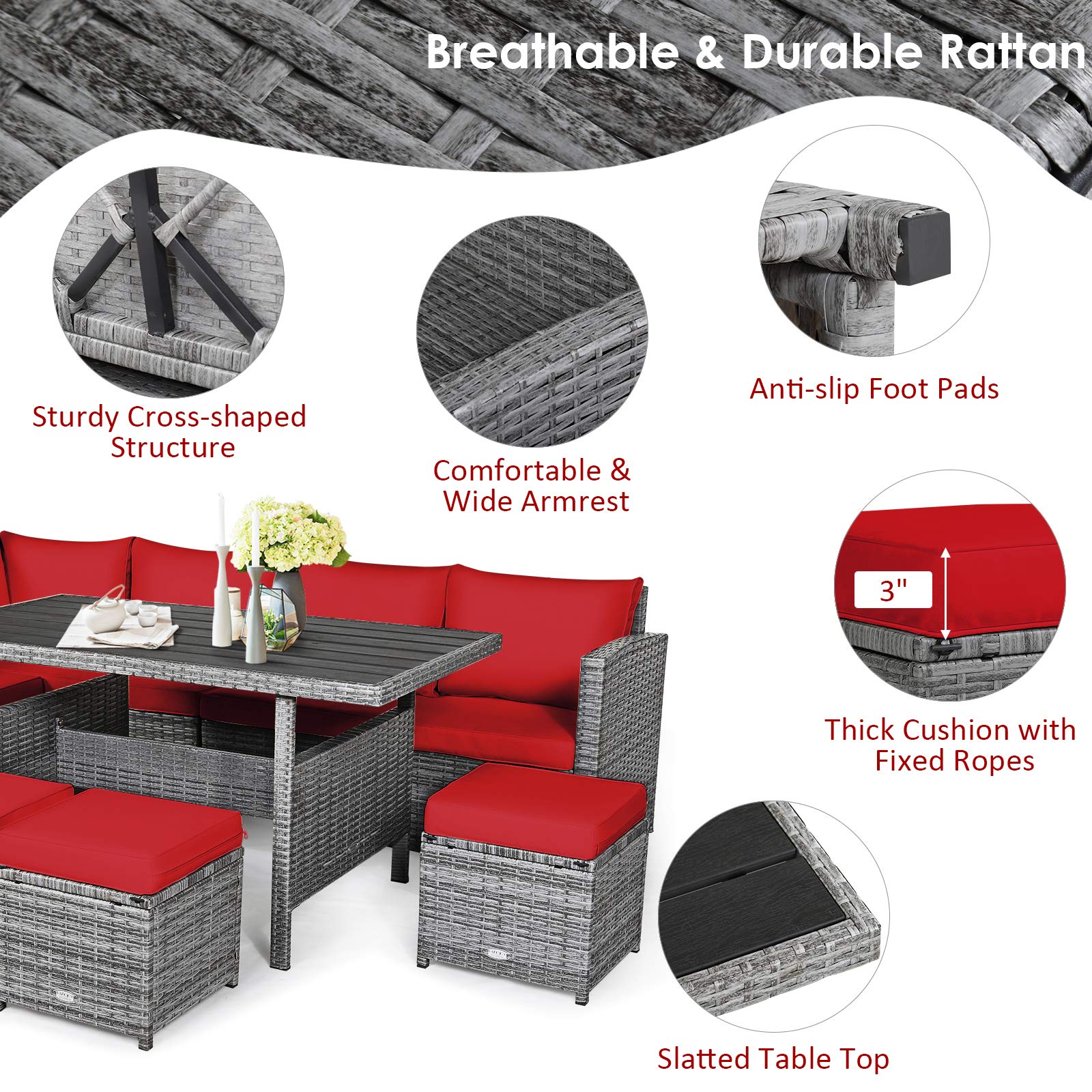 7-Piece Outdoor Rattan Sectional Sofa Set with Cushions