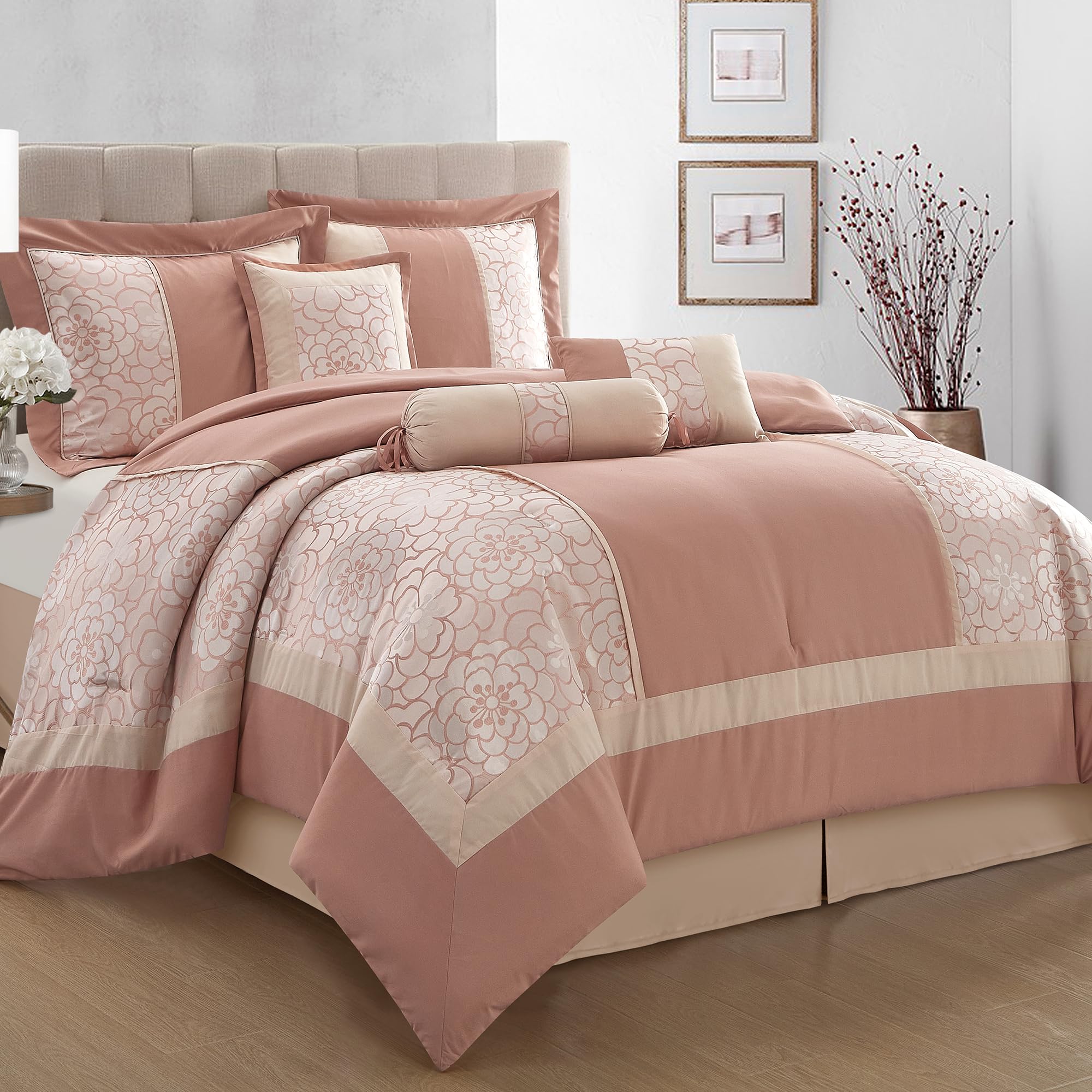 7-Piece King Comforter Set Blush Floral Jacquard Bedding