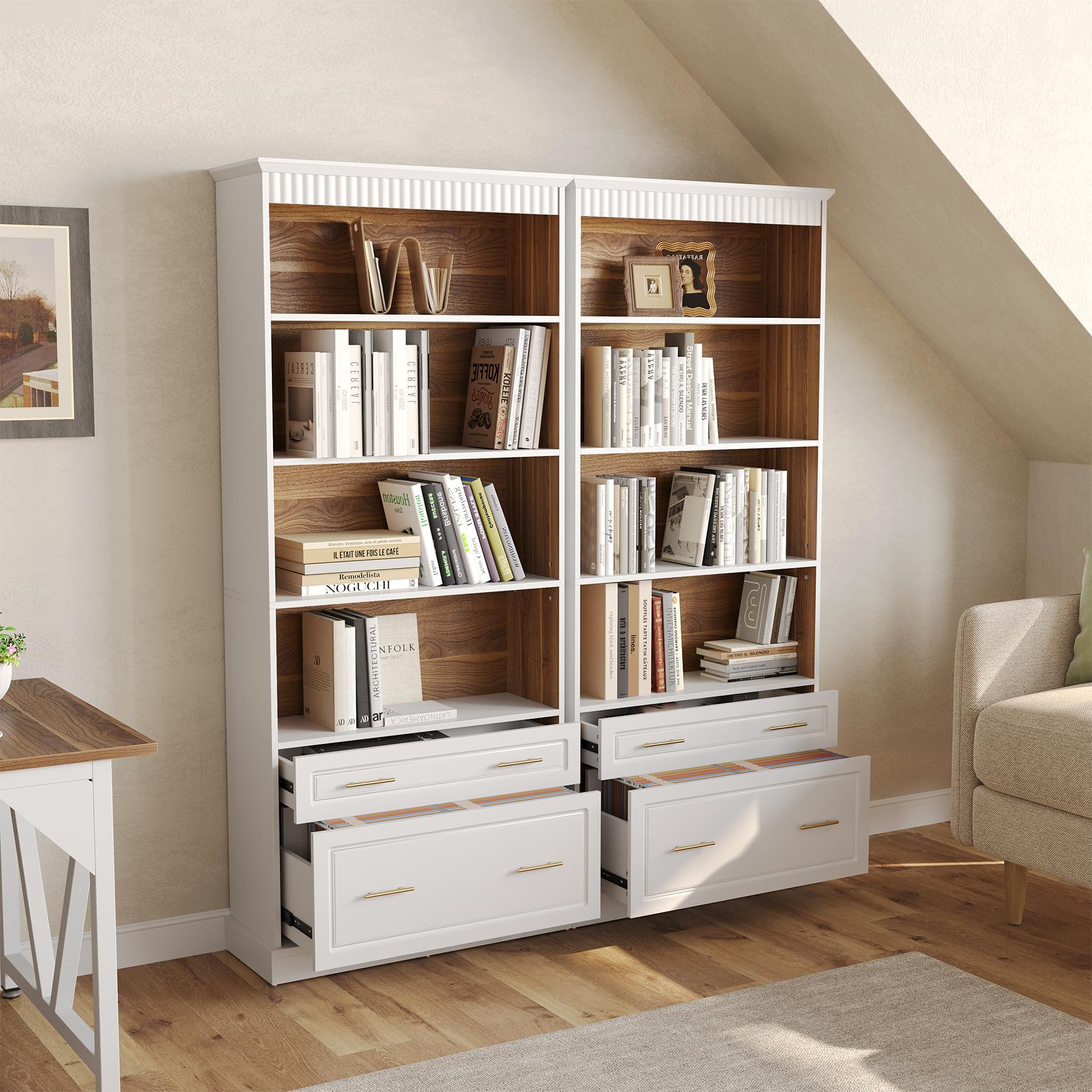 5-Tier Tall White Bookcase with Drawers