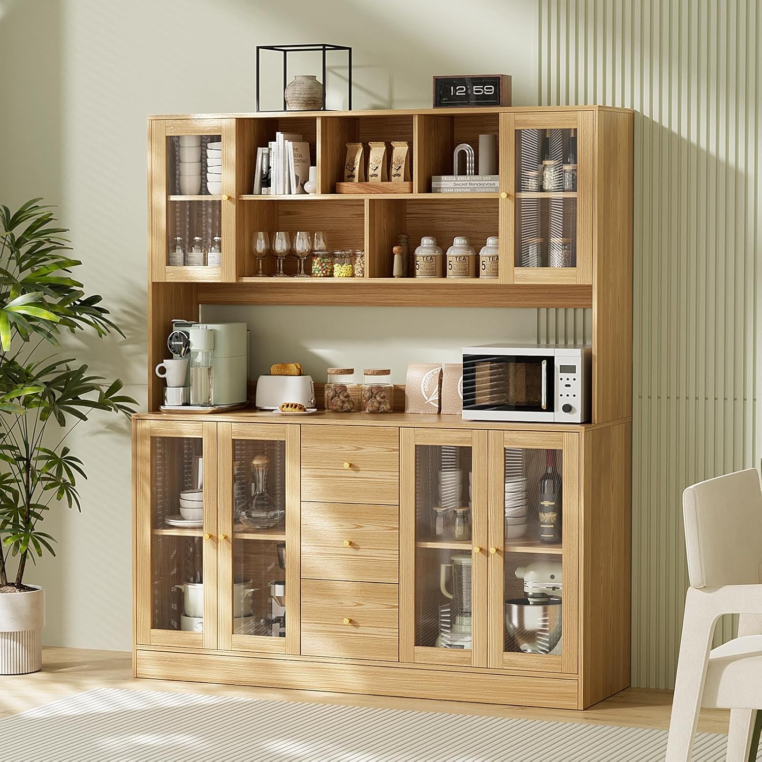 Kitchen Hutch Cabinet with Glass Doors