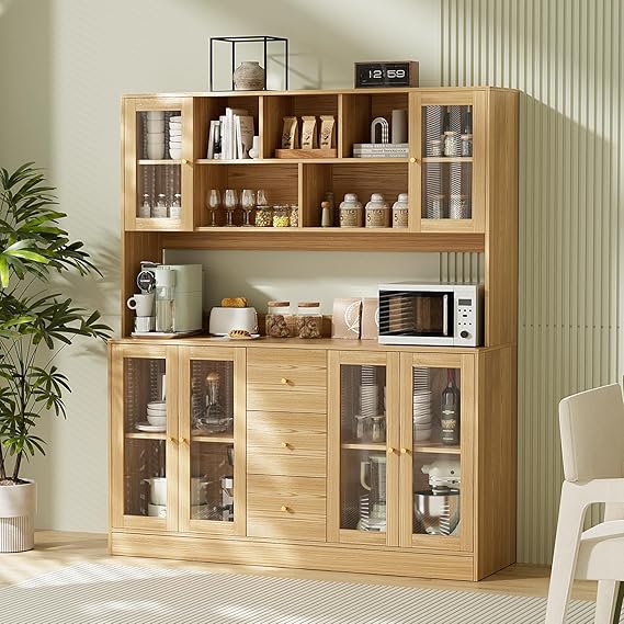 Kitchen Hutch Cabinet with Glass Doors