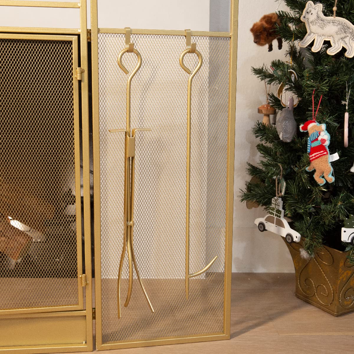3-Panel Folding Fireplace Screen with Tools