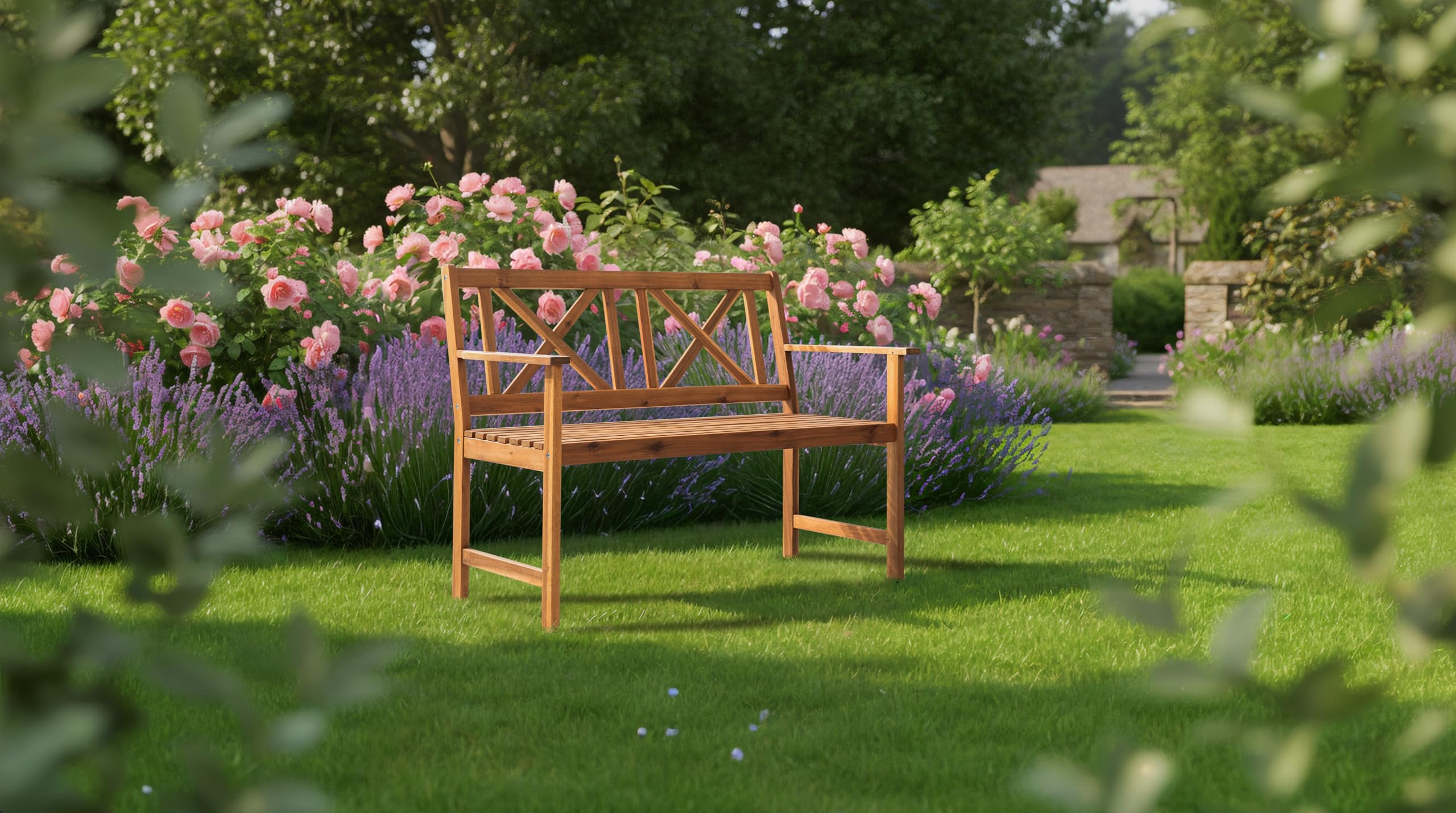 Outdoor Garden Bench with Cross Back Design