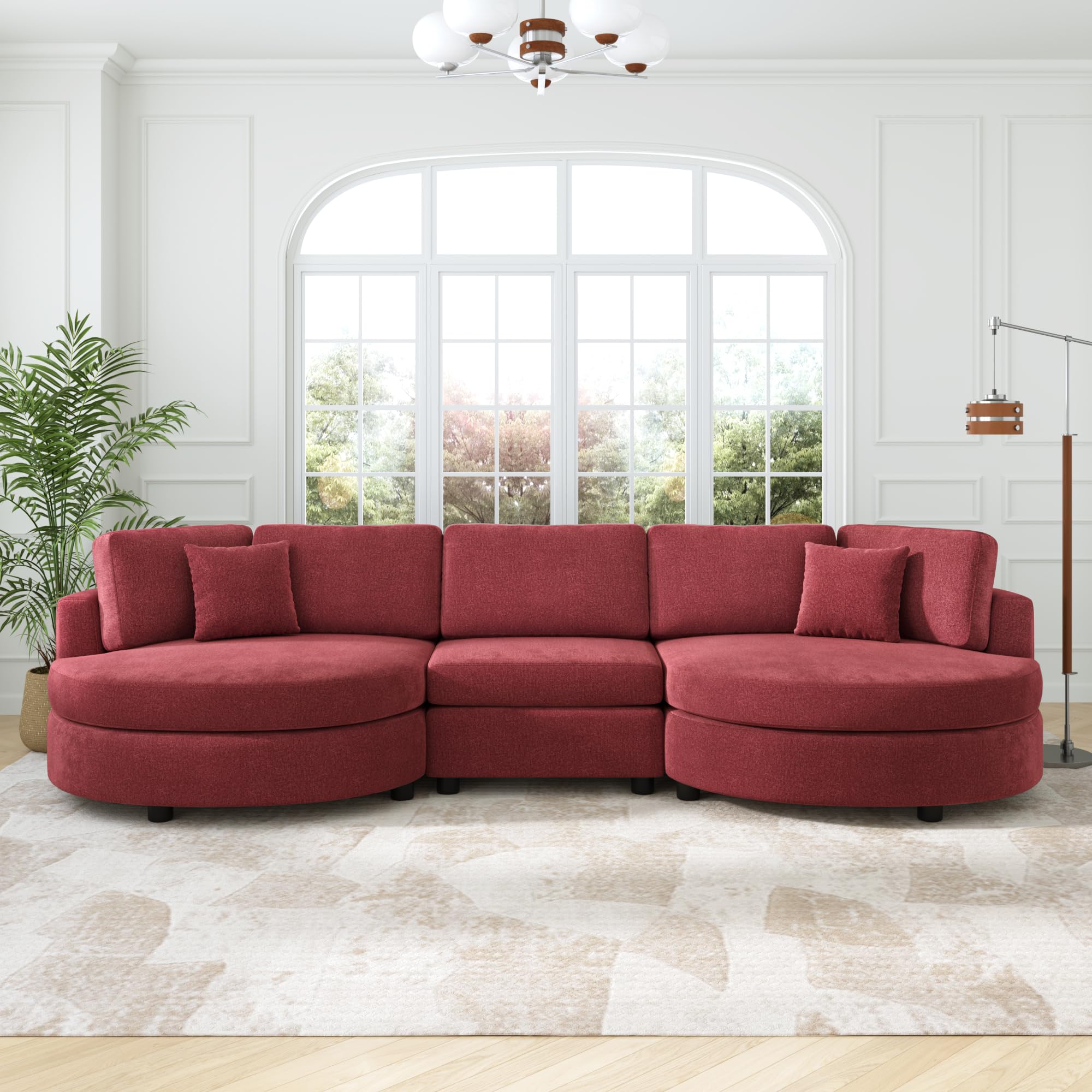 Merax 129 inches 3-Seater Curved Chenille Sofa, Modern Upholstered Living Room Couch with Thick Cushions, Includes 2 Throw Pillows, Easy Assembly, Red