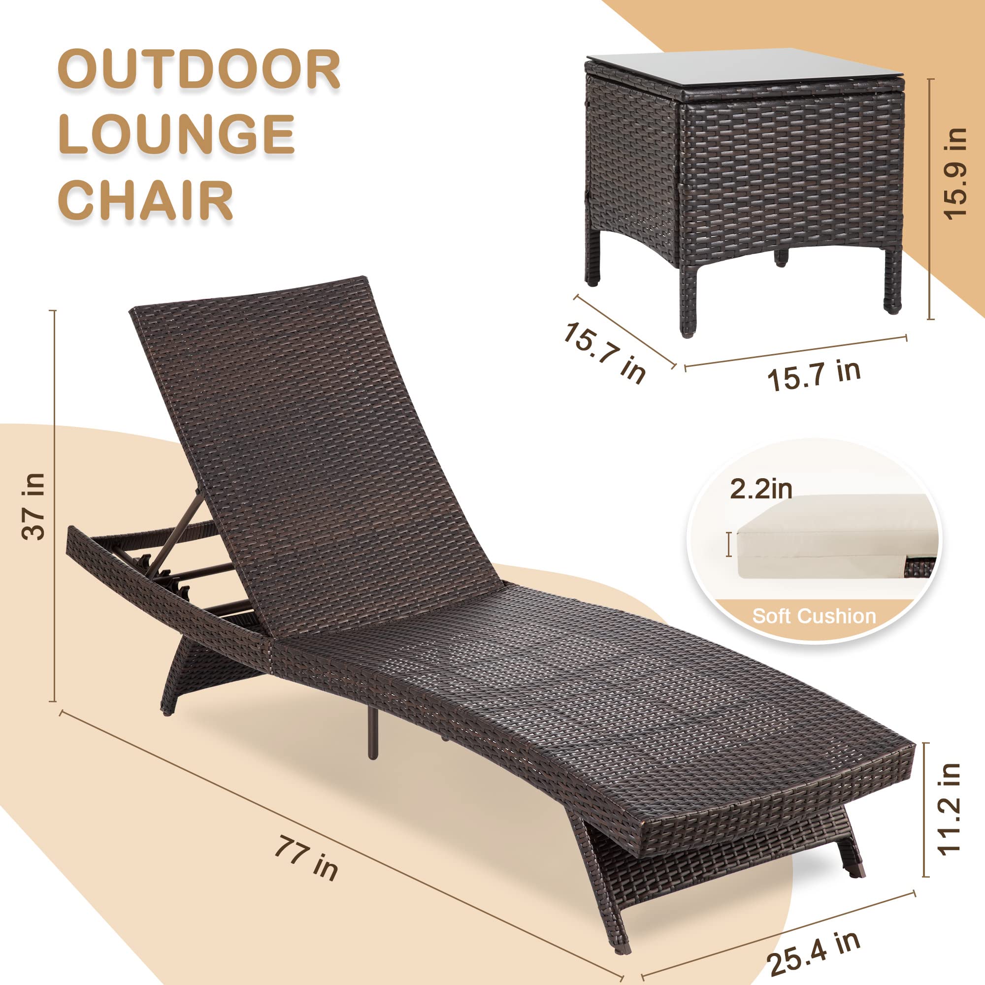 3-Piece Patio Chaise Lounge Set with Adjustable Backrest