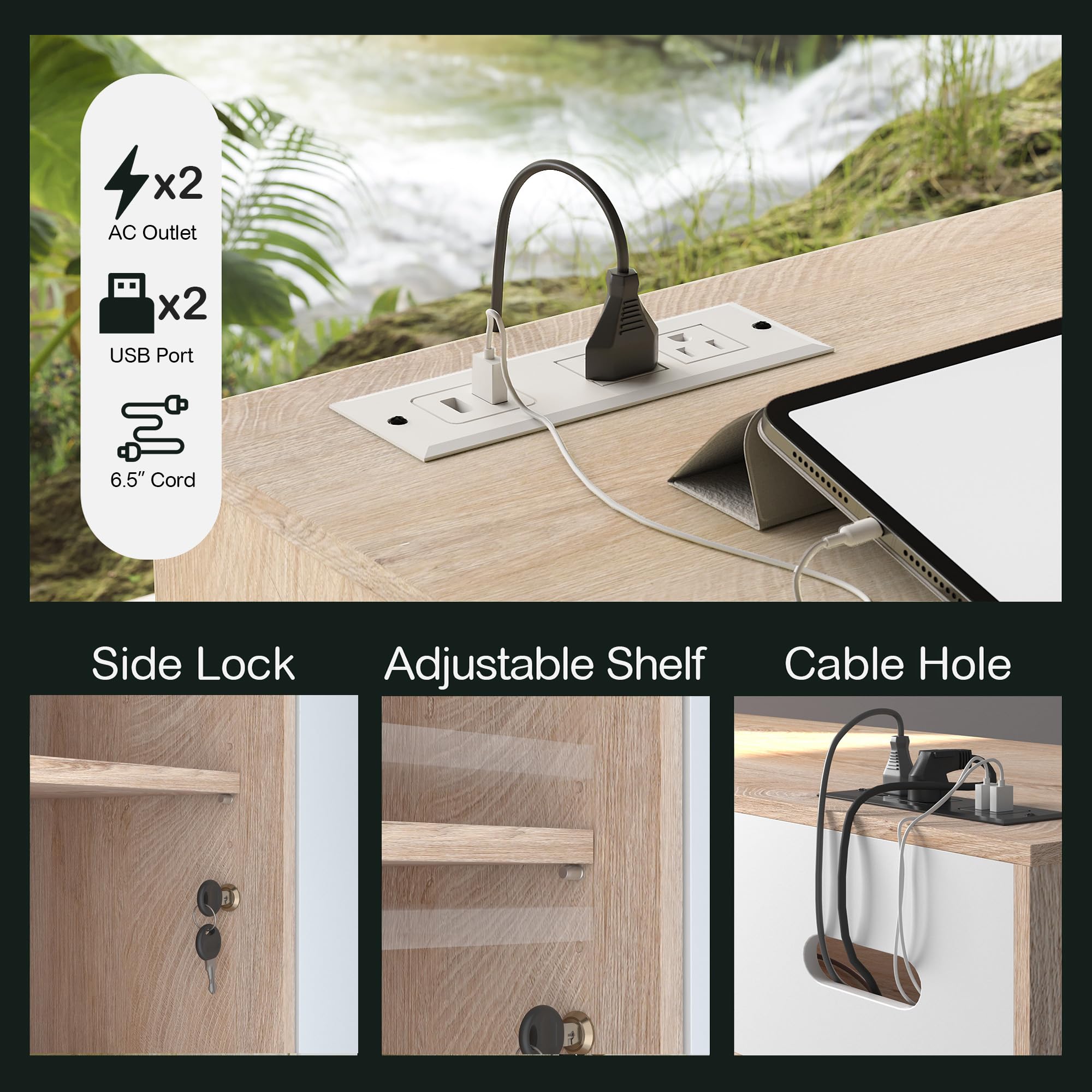 4 Drawer Wood File Cabinet with Lock and Power Strip