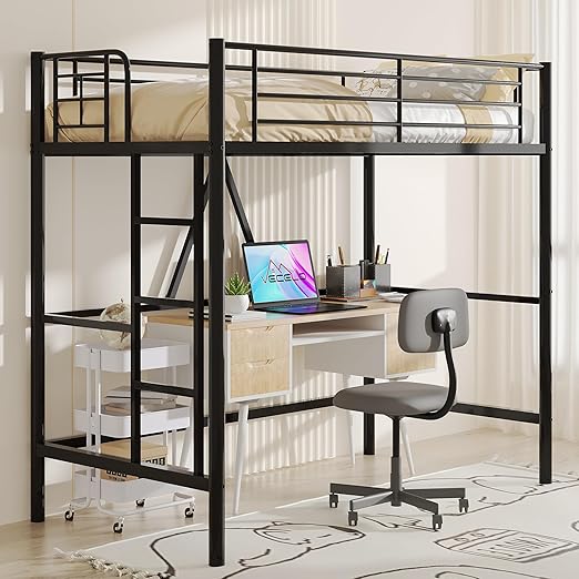 Twin Metal Loft Bed with Ladder and Safety Guardrail