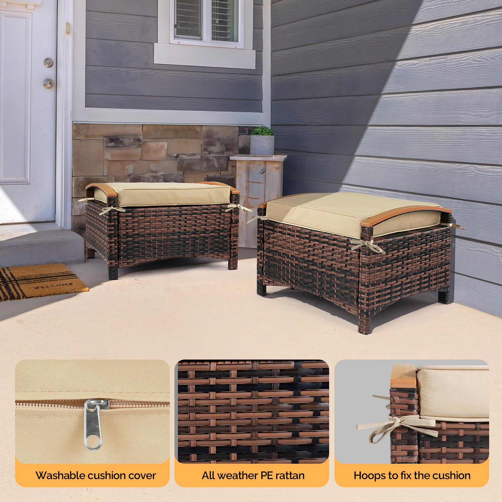Wicker Outdoor Ottoman Set with Removable Cushions