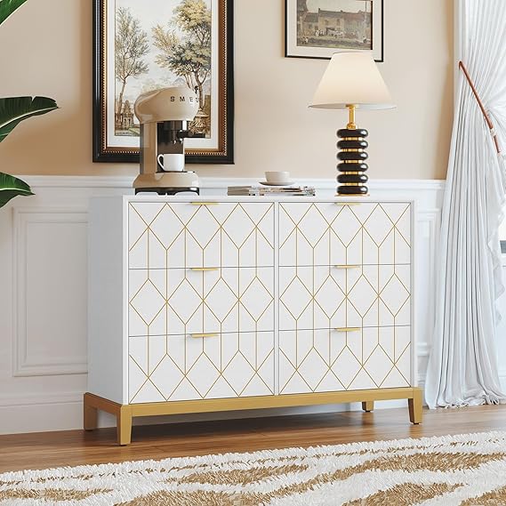 Green Dresser with 6 Drawers - 48" Wide Chest with Gold Carved Design