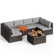 7-Piece Outdoor Sectional Rattan Sofa Set with Glass Coffee Table