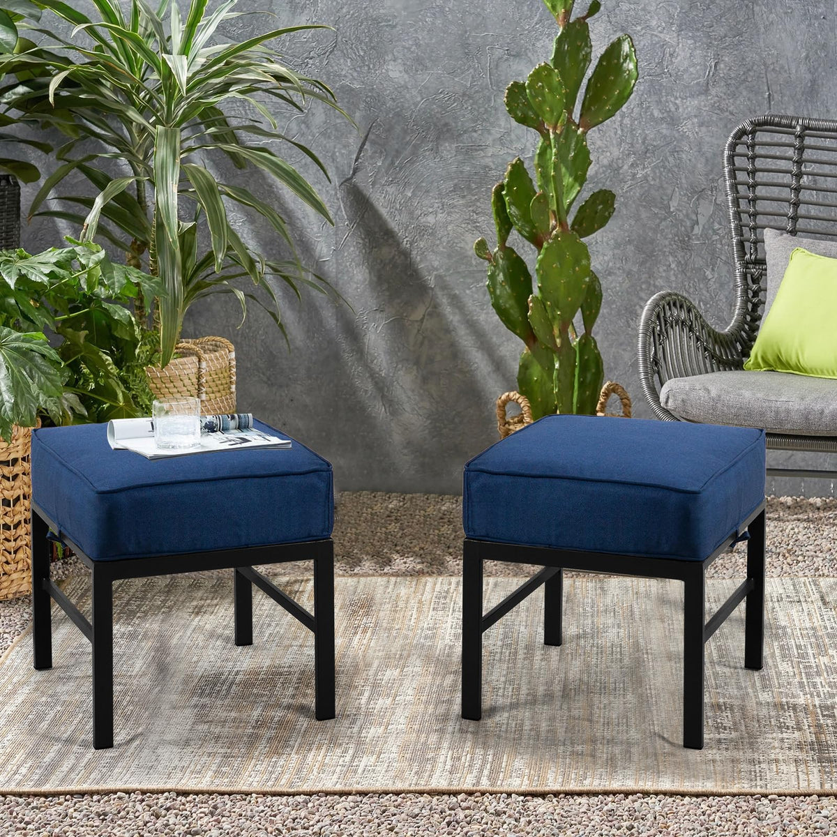 2-Piece Outdoor Patio Ottomans with Blue Cushions