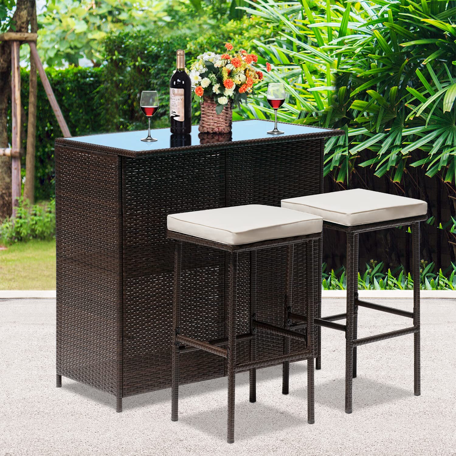 3-Piece Wicker Patio Bar Set with Glass Top Table