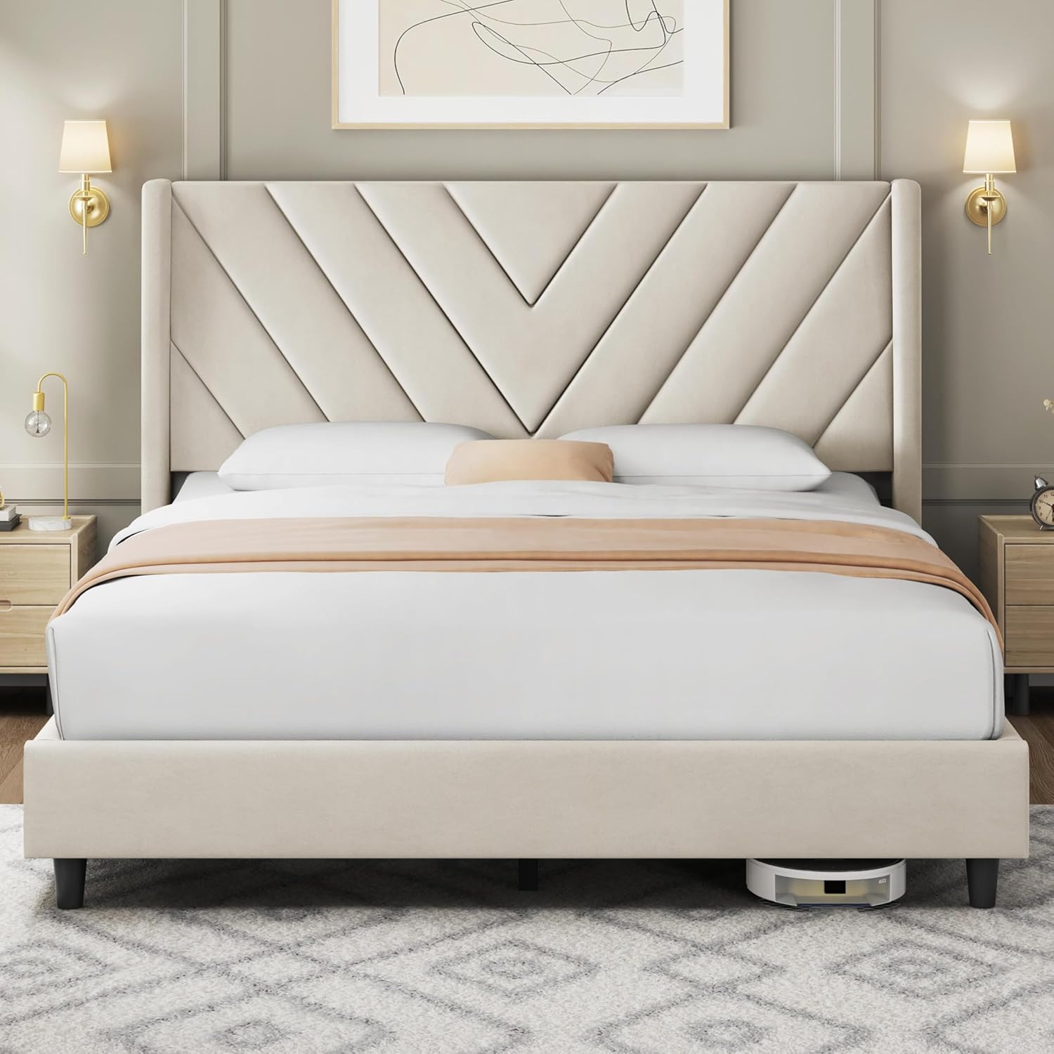 Queen Upholstered Platform Bed Frame with Tufted Wingback Headboard