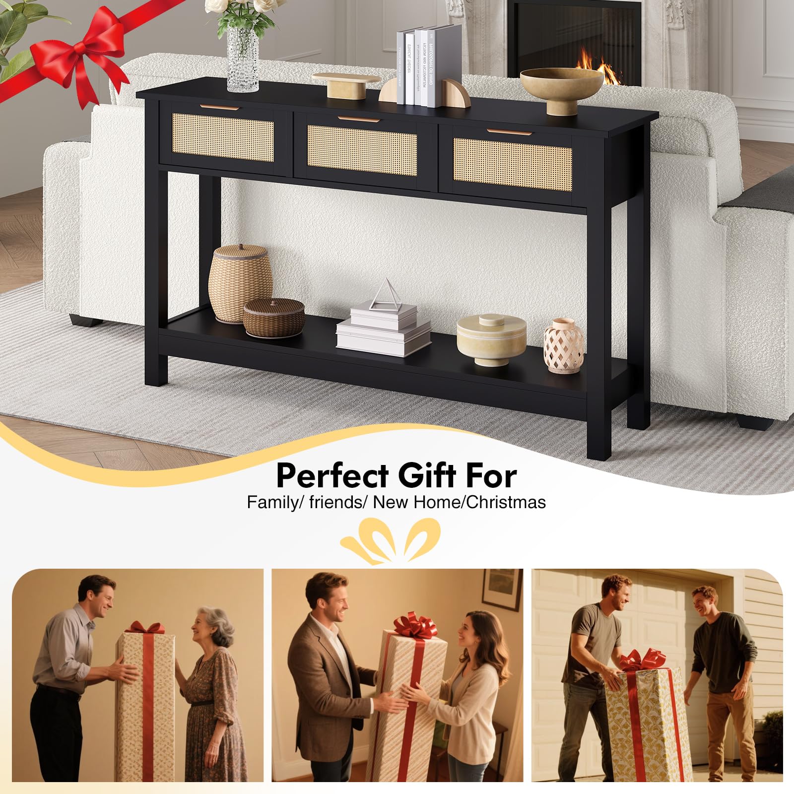 Console Table with 3 Rattan Drawers - 47 Inch Black