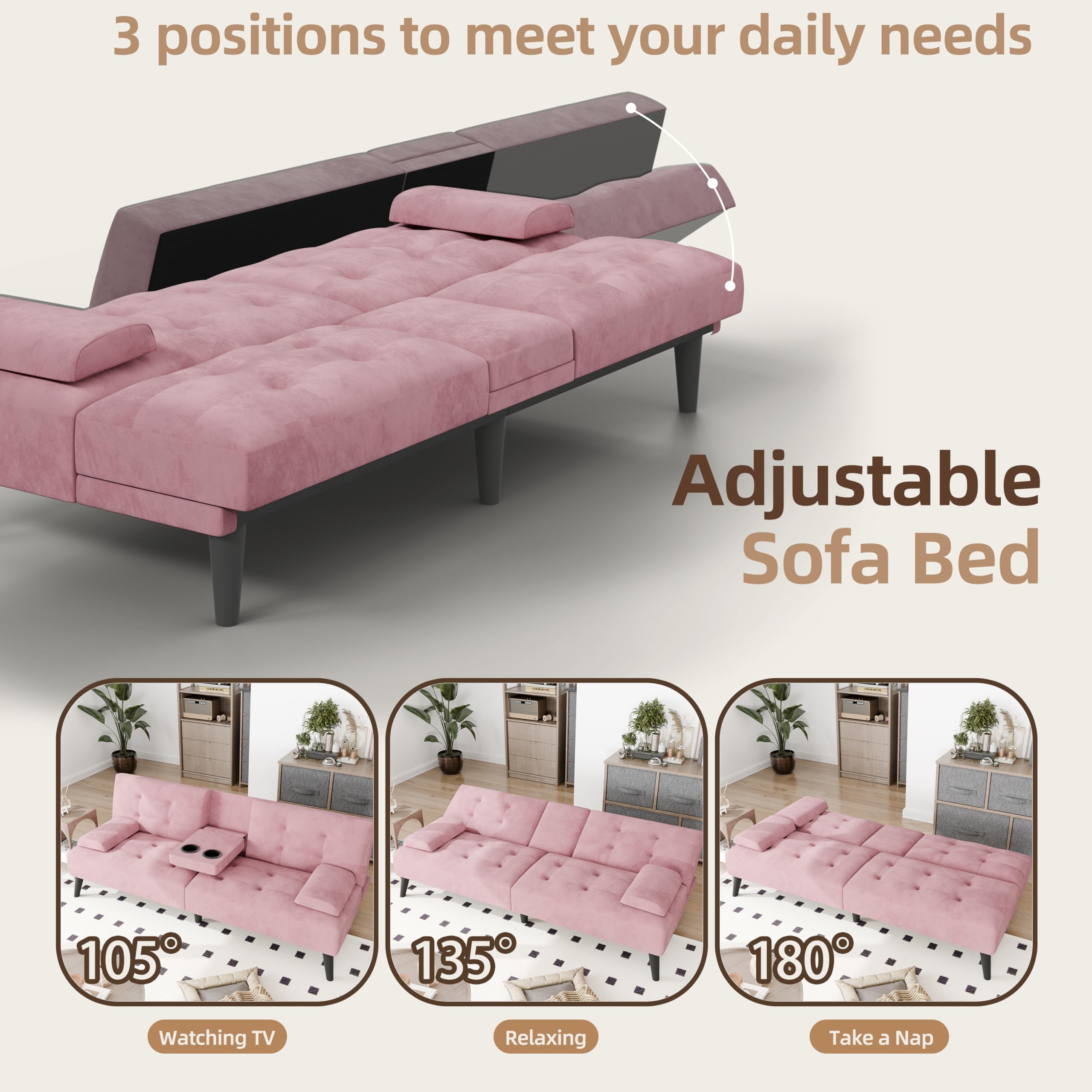 Pink Velvet Convertible Futon Sofa Bed with Cup Holders