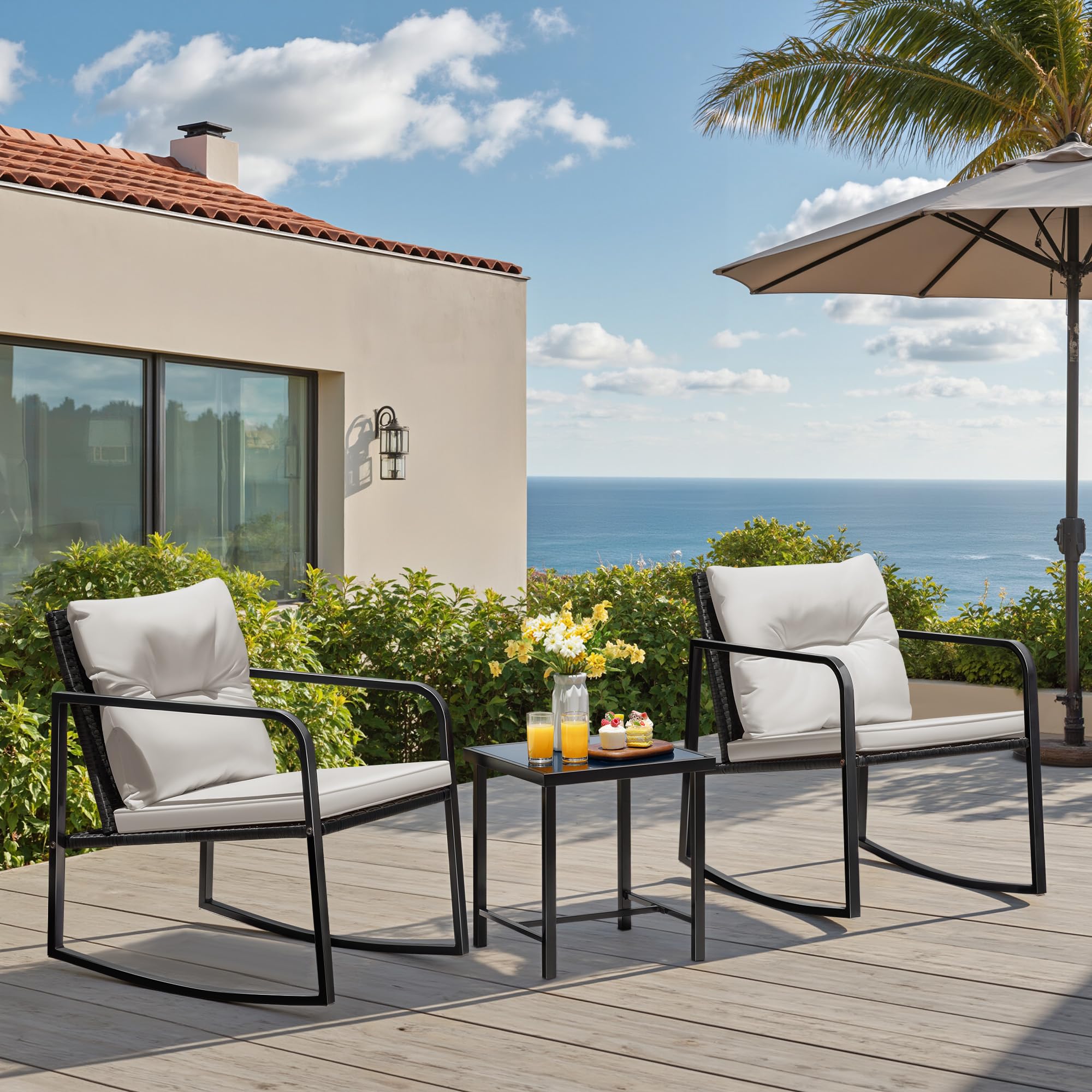 3 Pieces Rocking Wicker Bistro Set with Glass Coffee Table