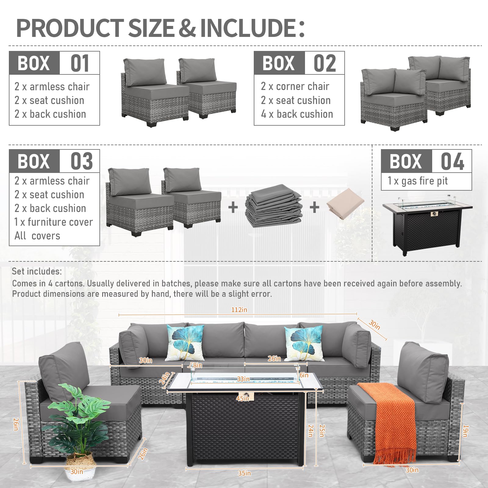 7-Piece Wicker Patio Sectional with Fire Pit