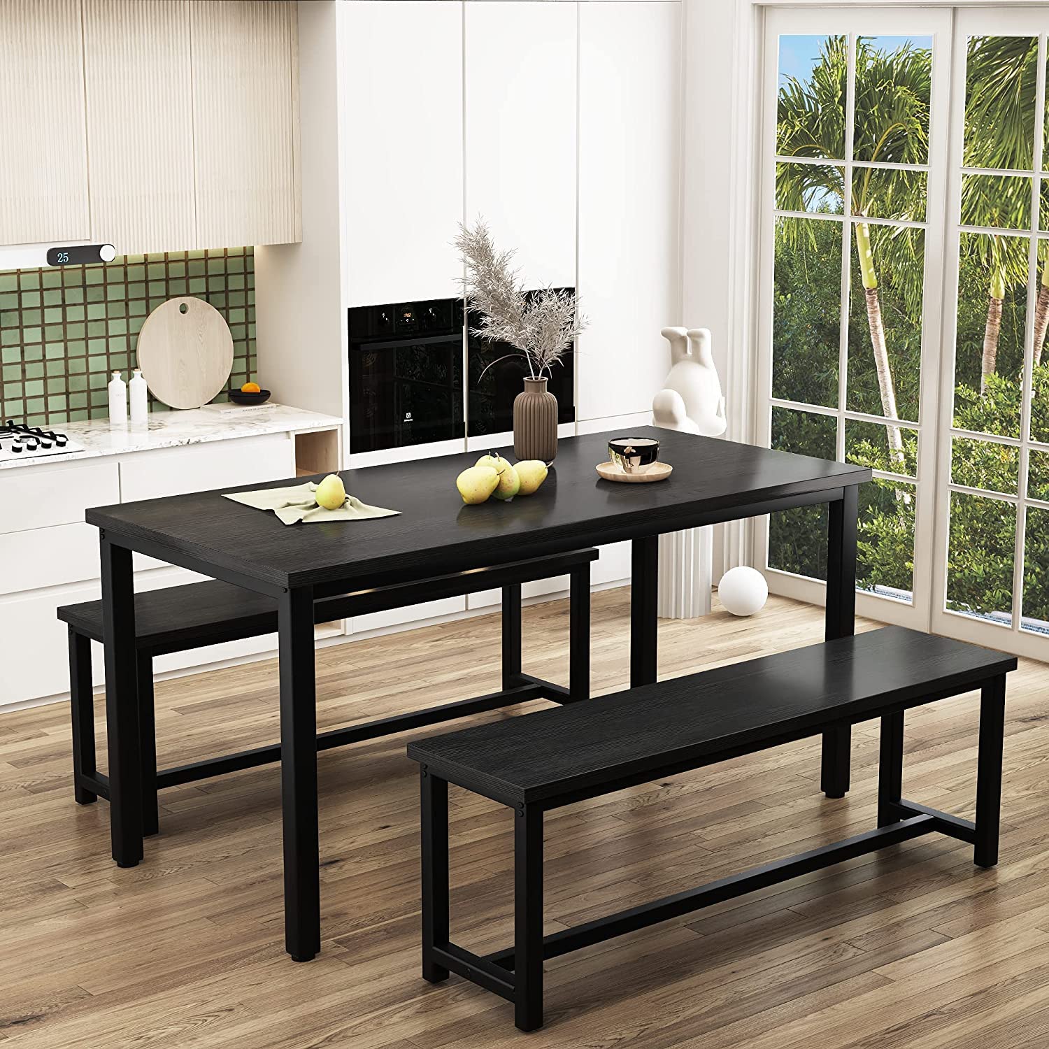 Dining Table Set with 2 Benches Black