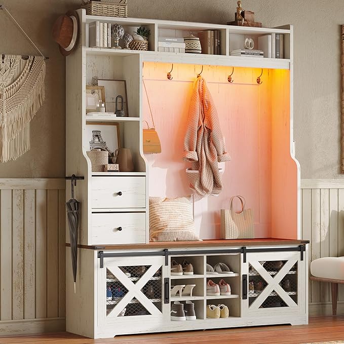 Farmhouse Hall Tree with Bench and Shoe Cabinet