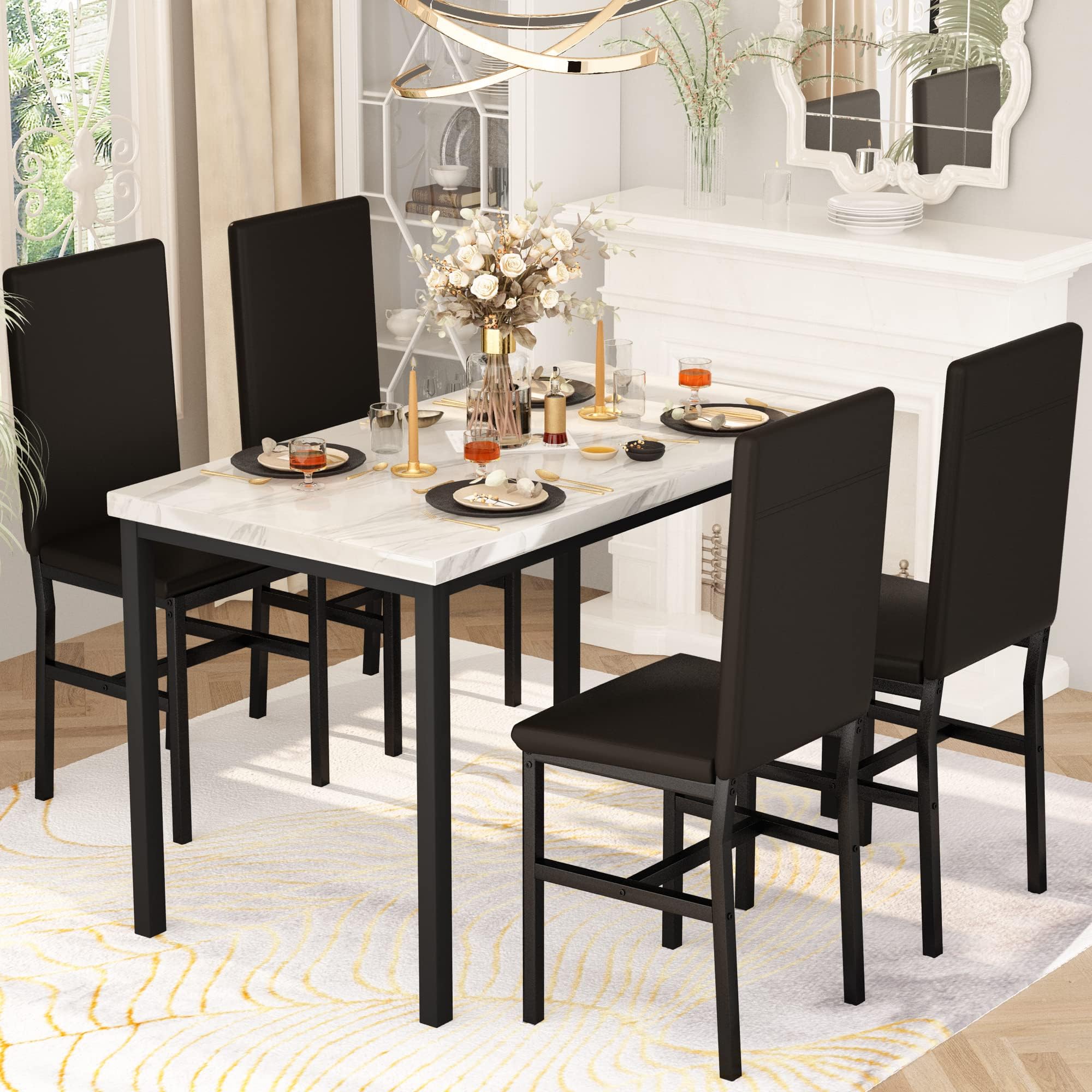 5-Piece Faux Marble Dining Table Set with 4 Chairs