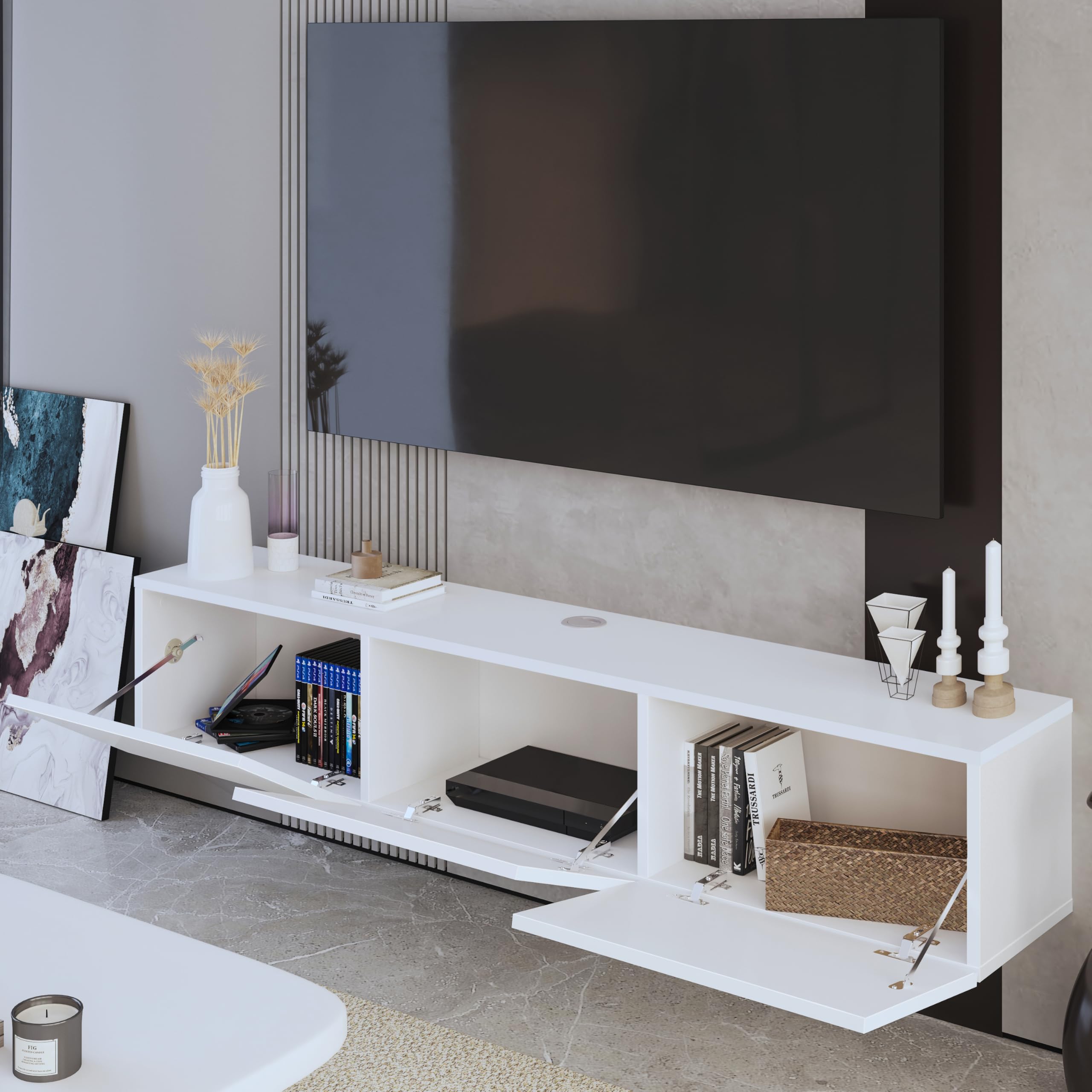 Modern Floating TV Stand White 63 Inch