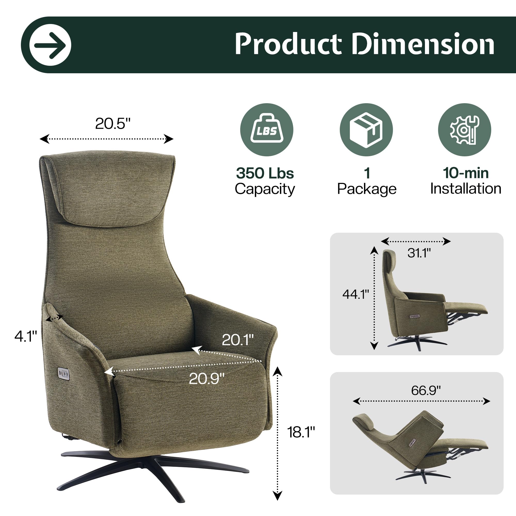 Dual Motor Power Recliner Chair with 270° Swivel and Air Massage