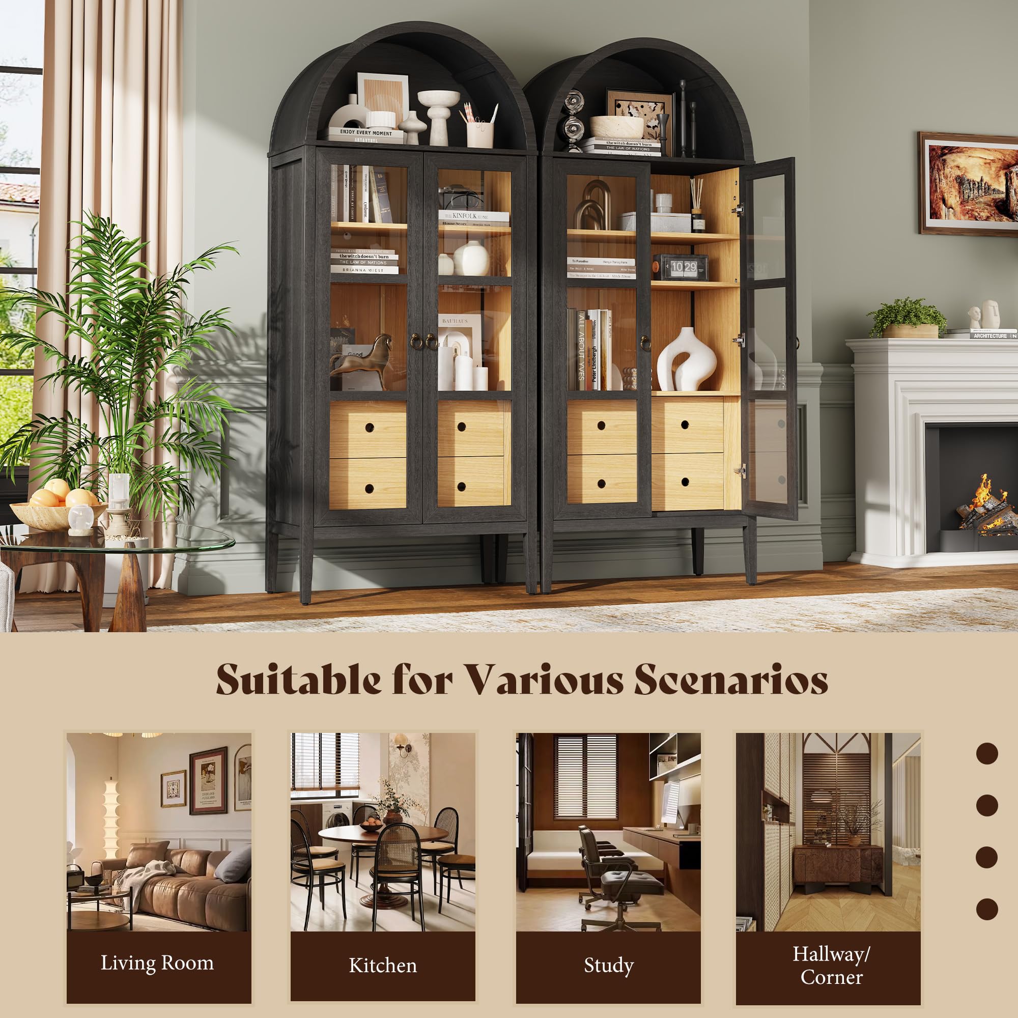 Tall Arched Storage Cabinet with Glass Doors