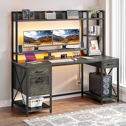 Computer Desk with Drawers and Hutch 59.1 Inch