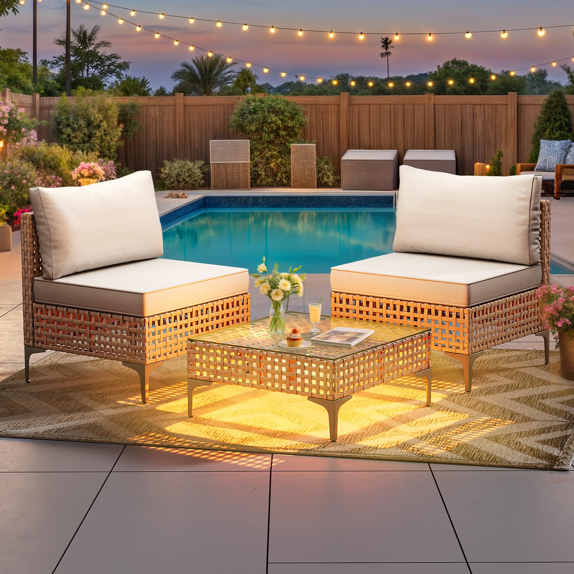 3-Piece Wicker Patio Furniture Set with Solar Light Table