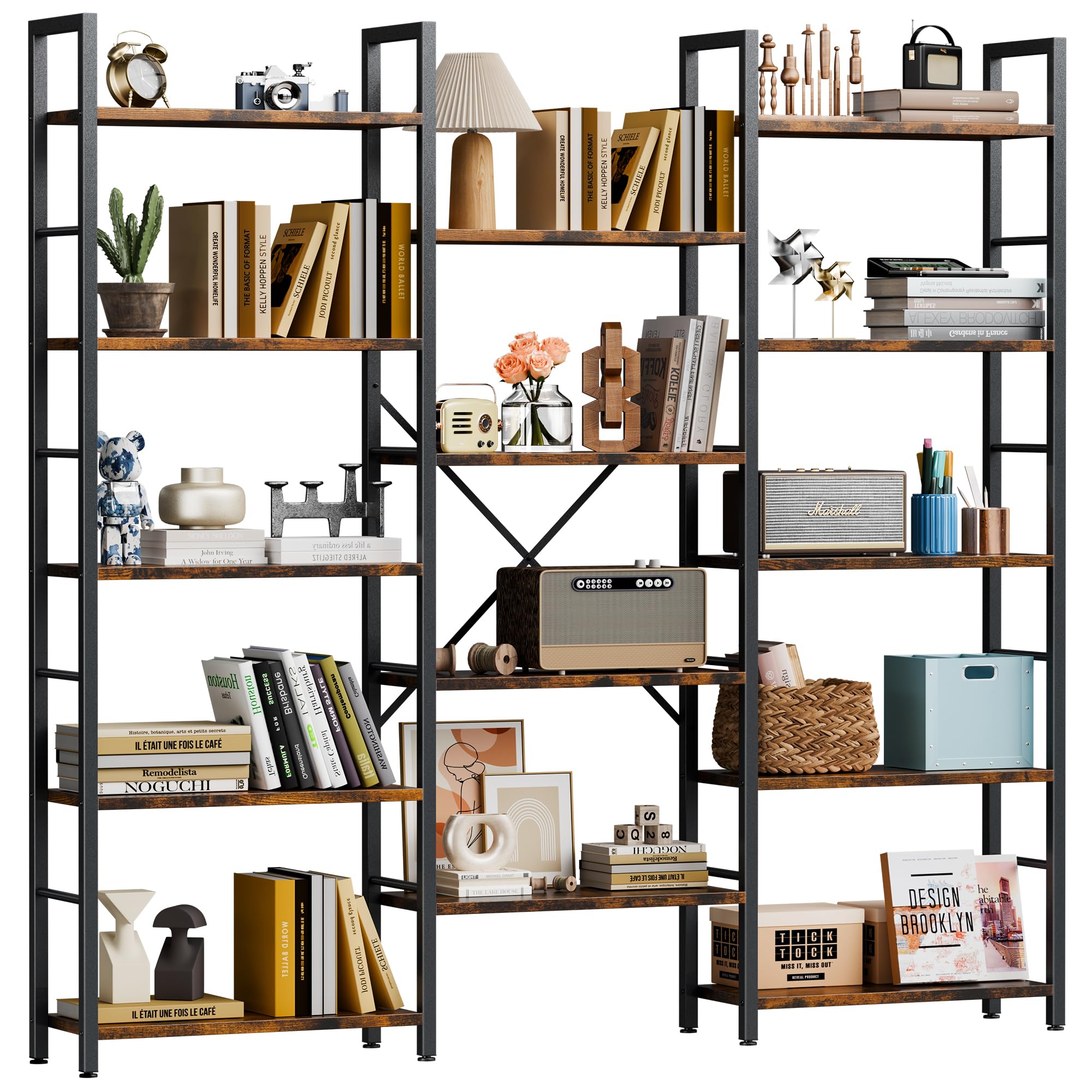 Triple Column 5-Tier Industrial Bookshelf