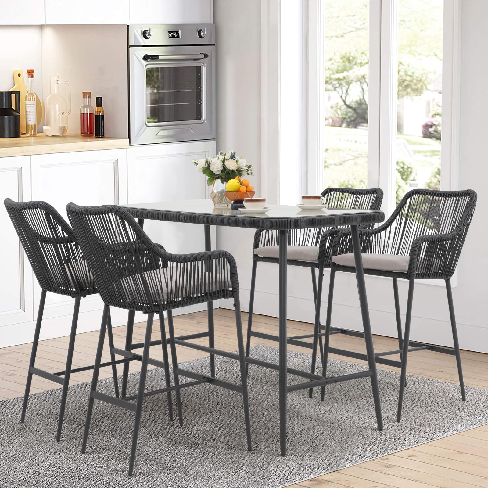 5-Piece Patio Bar Dining Set with Cushions