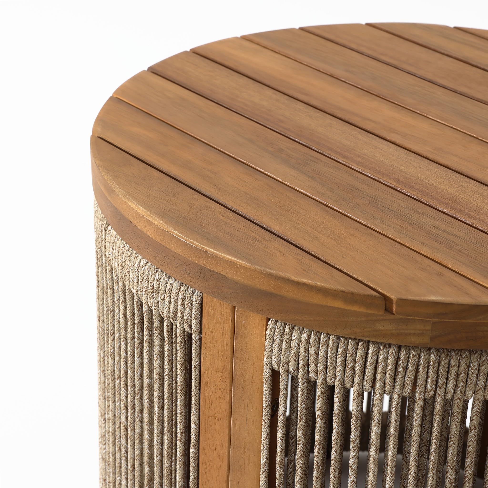 Outdoor Coffee Table - 17" Rope Acacia Wood Round Side Table