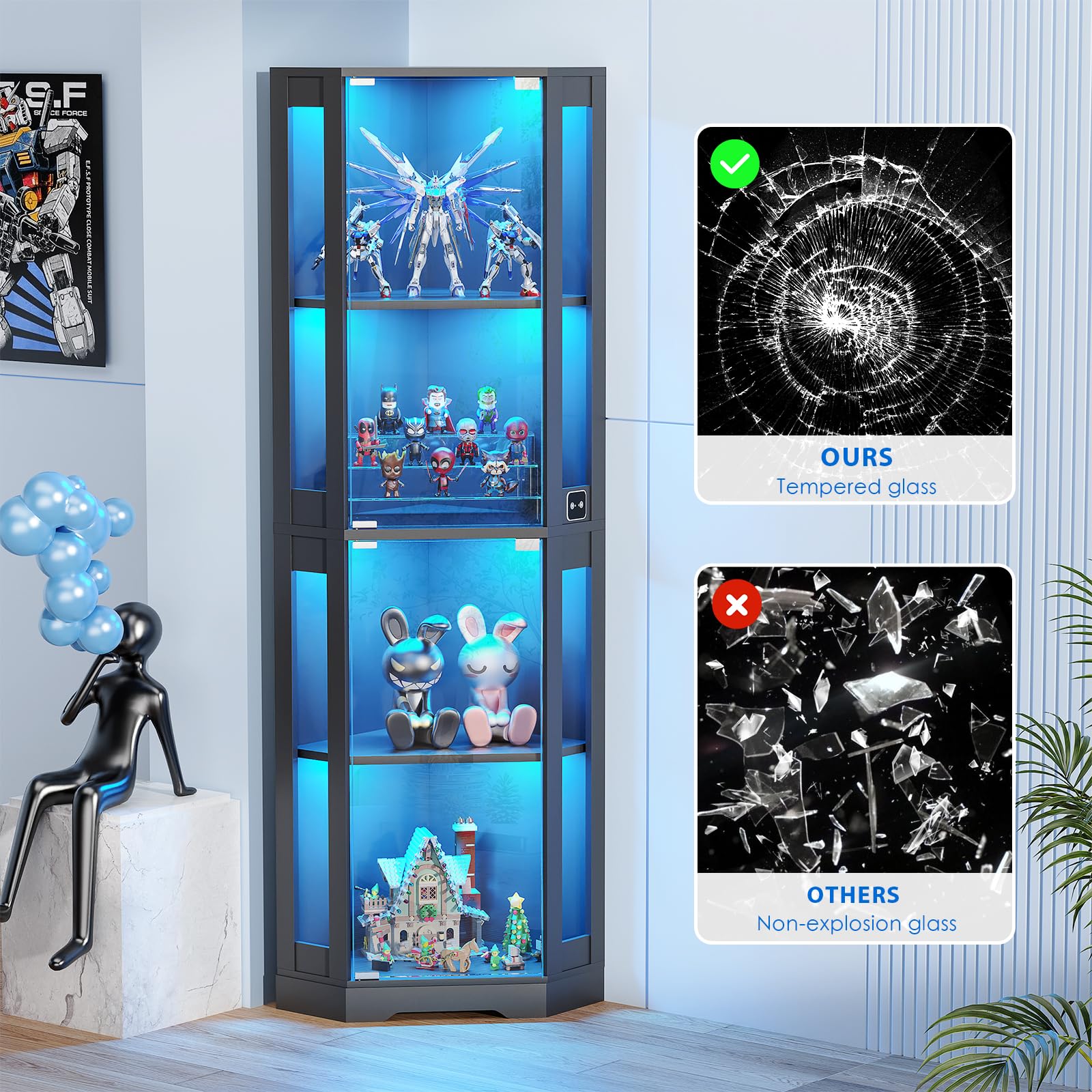 Corner Glass Display Cabinet with LED Lights