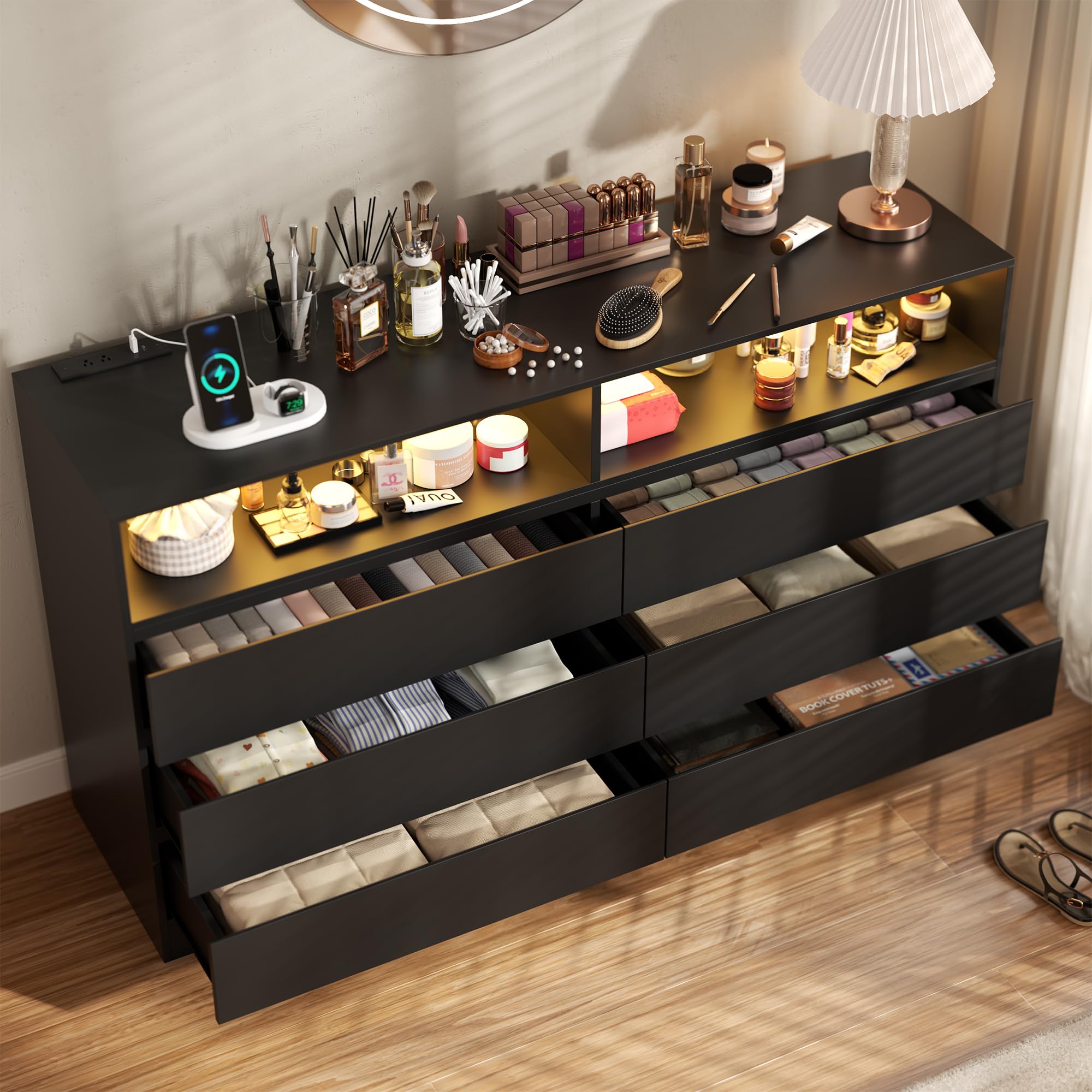 6 Drawer Dresser with Power Outlet and LED Lights
