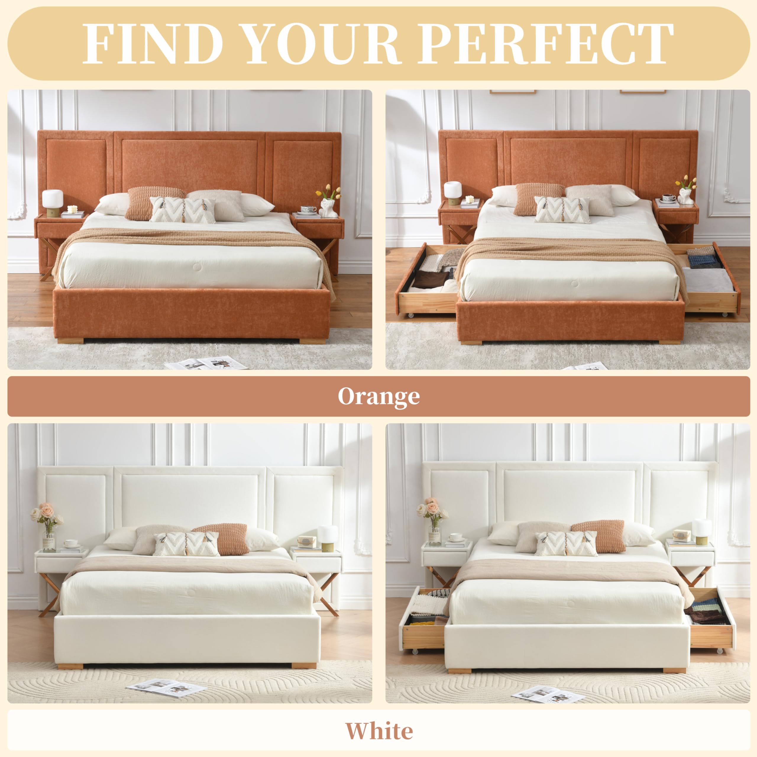 Queen Bed Frame with Storage and Floating Nightstands