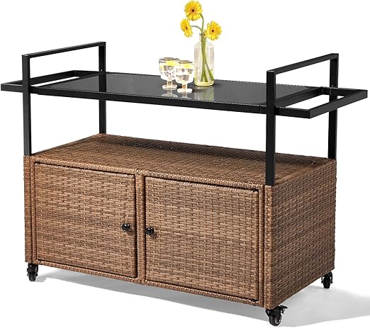 Outdoor Wicker Bar Cart with Storage and Wheels