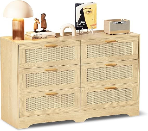 6 Drawer Rattan Dresser with Golden Handles