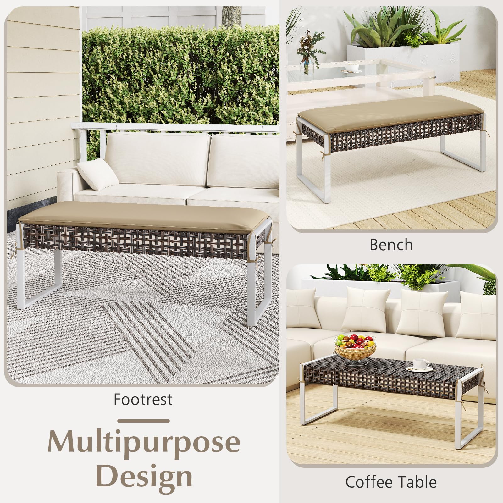 Outdoor Rattan Ottoman Bench with Cushion