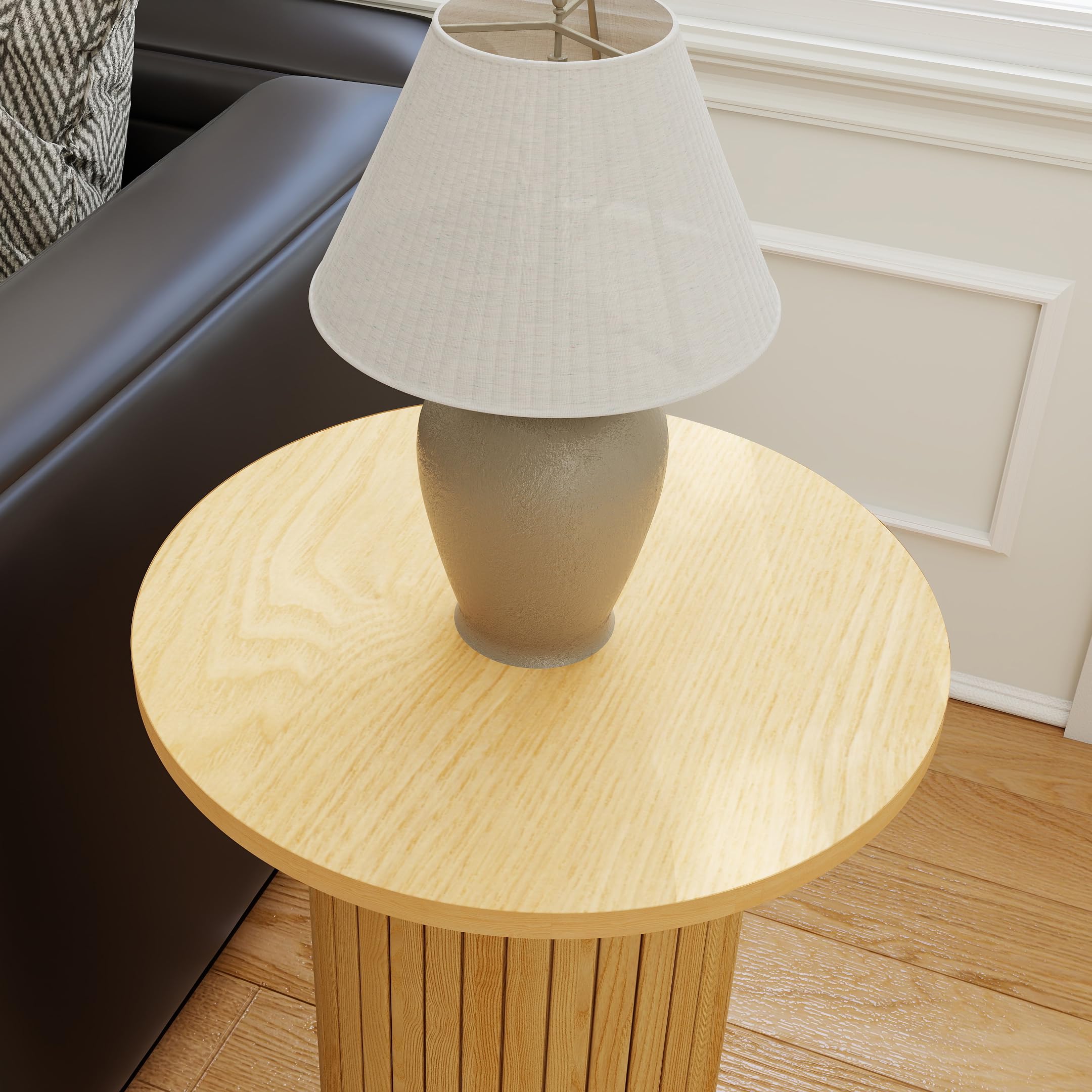 Small Round Side Table, Fluted Drum Pedestal End Table, Wood Plant Stand for Small Spaces, Modern Home, Bedroom, and Living Room Desk Furniture, Nature