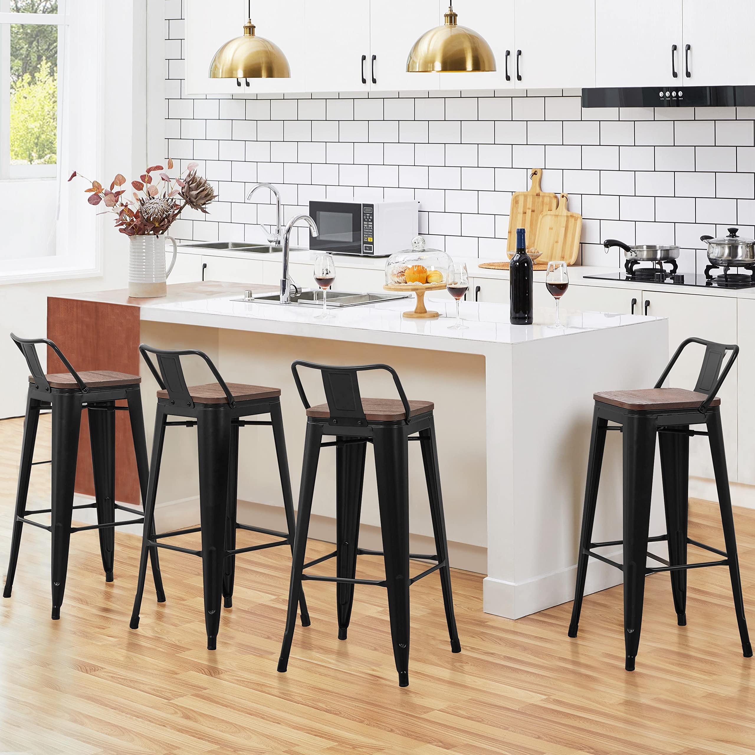 30" Metal Bar Stools Set of 4 with Wooden Seat and Low Back