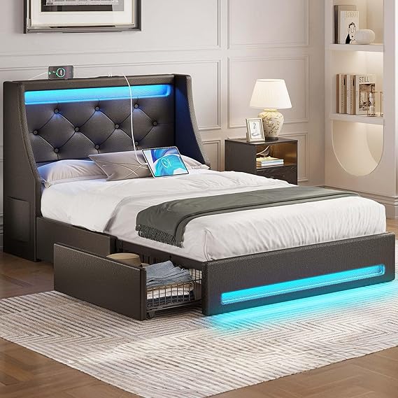 Full Bed Frame with LED Lights and Charging Station